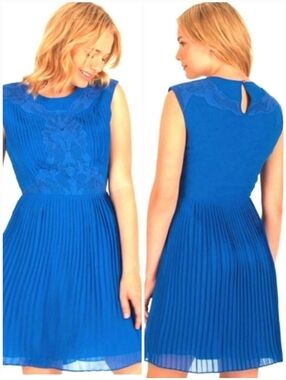 Ted Baker London Saskiah Embroidered Lace Royal Blue Pleated Mini Dress